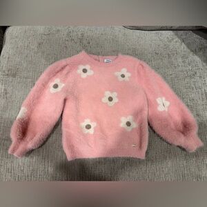 Mayoral fuzzy jacquard knit sweater in rose pink with a floral design.